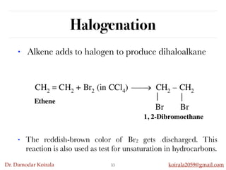 Dr. Damodar Koirala koirala2059@gmail.com
Halogenation
• The reddish-brown color of Br2 gets 2 discharged. This
reaction is also used as test for unsaturation in hydrocarbons.
33
• Alkene adds to halogen to produce dihaloalkane
 
