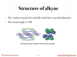 Dr. Damodar Koirala koirala2059@gmail.com
Structure of alkyne
45
• The carbon involved in double bond have sp hybridization
• The bond angle is 180
Orbitals structure in ethyne: there are two pi bonds
 