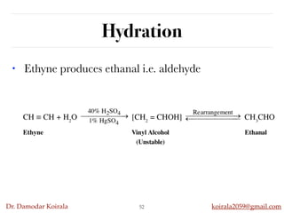 Dr. Damodar Koirala koirala2059@gmail.com
Hydration
• Ethyne produces ethanal i.e. aldehyde
52
 