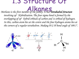 Methane is the first member of the family. It has Tetrahedral Structure
  involving sp3 Hybridisation. The four sigma bond is formed by the
  overlapping of sp3 hybrid orbitals of carbon and 1s orbital of hydrogen.
  In this, carbon atom lies at the centre and the four hydrogen atoms lies at
  the corners of a regular tetrahedron. Making H-C-H bond angle of 109.5˚.




          a)                         b)                      c)
 