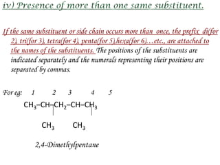 If the same substituent or side chain occurs more than once, the prefix di(for
   2), tri(for 3), tetra(for 4), penta(for 5),hexa(for 6)…etc., are attached to
   the names of the substituents. The positions of the substituents are
   indicated separately and the numerals representing their positions are
   separated by commas.

For eg:    1        2   3         4   5
          CH3–CH–CH2–CH–CH3

                 CH3        CH3

               2,4-Dimethylpentane
 