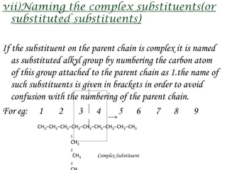 If the substituent on the parent chain is complex it is named
   as substituted alkyl group by numbering the carbon atom
   of this group attached to the parent chain as 1.the name of
   such substituents is given in brackets in order to avoid
   confusion with the numbering of the parent chain.
For eg: 1        2    3 4         5 6         7 8       9
          CH3−CH3−CH3−CH3−CH3−CH3−CH3−CH3−CH3
                     1
                     CH3
                     2
                      CH3      Complex Substituent
                     3
 