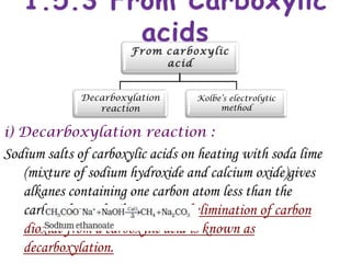 Decarboxylation      Kolbe’s electrolytic
                 reaction               method


i) Decarboxylation reaction :
Sodium salts of carboxylic acids on heating with soda lime
   (mixture of sodium hydroxide and calcium oxide)gives
   alkanes containing one carbon atom less than the
   carboxylic acid. This process of elimination of carbon
   dioxide from a carboxylic acid is known as
   decarboxylation.
 