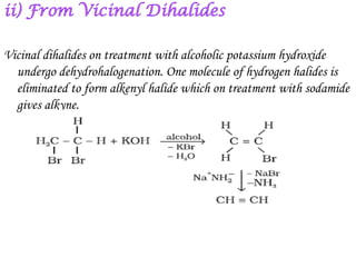 Vicinal dihalides on treatment with alcoholic potassium hydroxide
  undergo dehydrohalogenation. One molecule of hydrogen halides is
  eliminated to form alkenyl halide which on treatment with sodamide
  gives alkyne.
 