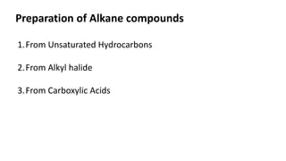 1.From Unsaturated Hydrocarbons
2.From Alkyl halide
3.From Carboxylic Acids
Preparation of Alkane compounds
 