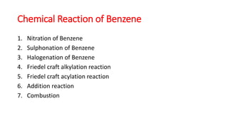 Chemical Reaction of Benzene
1. Nitration of Benzene
2. Sulphonation of Benzene
3. Halogenation of Benzene
4. Friedel craft alkylation reaction
5. Friedel craft acylation reaction
6. Addition reaction
7. Combustion
 