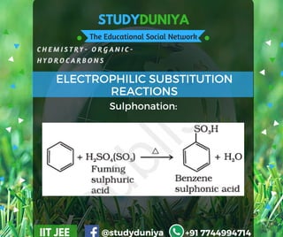 STUDYDUNIYA
The Educational Social Network
C H E M I S T R Y - O R G A N I C -  
H Y D R O C A R B O N S
IIT JEE @studyduniya +91 7744994714
ELECTROPHILIC SUBSTITUTION
REACTIONS
Sulphonation:
 
