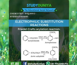 STUDYDUNIYA
The Educational Social Network
C H E M I S T R Y - O R G A N I C -  
H Y D R O C A R B O N S
IIT JEE @studyduniya +91 7744994714
ELECTROPHILIC SUBSTITUTION
REACTIONS
Friedel-Crafts acylation reaction:
 