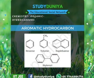 STUDYDUNIYA
The Educational Social Network
C H E M I S T R Y - O R G A N I C -  
H Y D R O C A R B O N S
IIT JEE @studyduniya +91 7744994714
AROMATIC HYDROCARBON
 