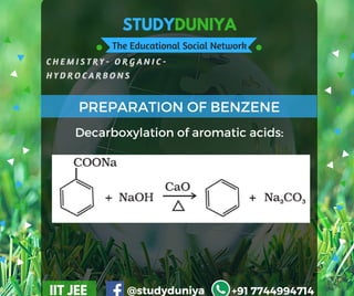 STUDYDUNIYA
The Educational Social Network
C H E M I S T R Y - O R G A N I C -  
H Y D R O C A R B O N S
IIT JEE @studyduniya +91 7744994714
PREPARATION OF BENZENE
Decarboxylation of aromatic acids:
 