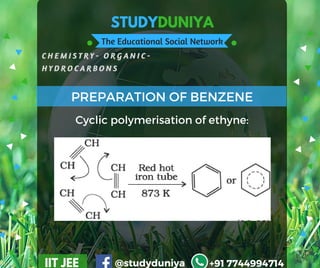 STUDYDUNIYA
The Educational Social Network
C H E M I S T R Y - O R G A N I C -  
H Y D R O C A R B O N S
IIT JEE @studyduniya +91 7744994714
PREPARATION OF BENZENE
Cyclic polymerisation of ethyne:
 