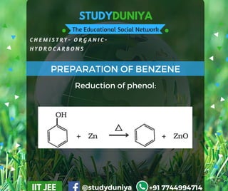 STUDYDUNIYA
The Educational Social Network
C H E M I S T R Y - O R G A N I C -  
H Y D R O C A R B O N S
IIT JEE @studyduniya +91 7744994714
PREPARATION OF BENZENE
Reduction of phenol:
 
