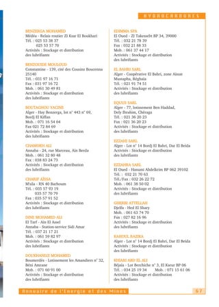 HYDROCARBURES


 BENZERGA MOHAMED                               EDIMMA SPA
 Médéa - Relais routier ZI Ksar El Boukhari     El Oued - ZI Takessebt BP 34, 39000
 Tél. : 025 53 38 37                            Tél. : 032 21 78 39
        025 53 57 70                            Fax : 032 21 88 33
 Activités : Stockage et distribution           Mob. : 061 37 44 17
 des lubrifiants                                Activités : Stockage et distribution
                                                des lubrifiants
 BENZOUIDE MOULOUD
 Constantine - 139, cité des Cousins Boucenna   EL BAHRI SARL
 25140                                          Alger - Coopérative El Bahri, zone Aïssat
 Tél. : 031 97 16 71                            Mustapha, Réghaïa
 Fax : 031 97 16 72                             Tél. : 021 91 74 51
 Mob. : 061 30 49 81                            Activités : Stockage et distribution
 Activités : Stockage et distribution           des lubrifiants
 des lubrifiants
                                                EQUUS SARL
 BOUTAGHOU YACINE                               Alger - 77, lotissement Ben Haddad,
 Alger - Hay Benzerga, lot n° 443 n° 69,        Dely Ibrahim, Chéraga
 Bordj El Kiffan                                Tél. : 021 36 20 23
 Mob. : 071 16 54 64                            Fax : 021 36 20 23
 Fax 021 72 84 69                               Activités : Stockage et distribution
 Activités : Stockage et distribution           des lubrifiants
 des lubrifiants
                                                EZZAHI SARL
 CHAMOKH ALI                                    Alger - Lot n° 14 Bordj El Bahri, Dar El Beïda
 Annaba - 24, rue Marceau, Aïn Berda            Activités : Stockage et distribution
 Mob. : 061 32 80 48                            des lubrifiants
 Fax : 038 83 24 73
 Activités : Stockage et distribution           EZZAHRA SARL
 des lubrifiants                                El Oued - Hassani Abdelkrim BP 062 39102
                                                Tél. : 032 21 70 63
 CHARIF AÏSSA                                   Tél./Fax : 032 26 22 72
 M'sila - RN 40 Barhoum                         Mob. : 061 38 50 02
 Tél. : 035 57 93 19                            Activités : Stockage et distribution
        035 57 70 79                            des lubrifiants
 Fax : 035 57 91 52
 Activités : Stockage et distribution           GHERBI ATTELLAH
 des lubrifiants                                Djelfa - Hed El Shary
                                                Mob. : 061 63 74 70
 DINE MOHAMED ALI                               Fax : 027 82 16 96
 El Tarf - Aïn El Assel                         Activités : Stockage et distribution
 Annaba - Station-service Sidi Amar             des lubrifiants
 Tél. : 037 21 17 21
 Mob. : 061 59 82 97                            KAHOUL RAZIKA
 Activités : Stockage et distribution           Alger - Lot n° 14 Bordj El Bahri, Dar El Beïda
 des lubrifiants                                Activités : Stockage et distribution
                                                des lubrifiants
 DOUKHANDJI MOHAMED
 Boumerdès - Lotissement les Amandiers n° 32,   KHIARI ABD EL ALI
 Béni Amrane                                    Béjaïa - Lot Berchiche n° 3, El Kseur BP 06
 Mob. : 071 60 91 00                            Tél. : 034 25 19 34      Mob. : 071 15 61 06
 Activités : Stockage et distribution           Activités : Stockage et distribution
 des lubrifiants                                des lubrifiants


Annuaire de l’Energie et des Mines                                                               67
 