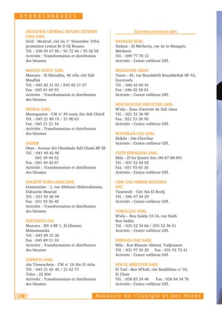 HYDROCARBURES


     INDUSTRIE GÉNÉRAL BITUME SÉTIFIEN                         CENTRES   ENFÛTEURS    GPL
     IGBS SARL
     Sétif - Mezlouf, cité du 1er Novembre 1954,    BATAGAZ EURL
     promotion Lemtaï Bt D 02 Bouara                Naâma - ZI Mécheria, rue de la Mosquée,
     Tél. : 036 93 67 86 / 93 72 46 / 93 56 58      Mécheria
     Activités : Transformation et distribution     Tél. : 049 77 70 12
     des bitumes                                    Activités : Centre enfûteur GPL

     MACON OUEST SARL                               BELHOCINE AÏSSA
     Mascara - ZI Khessibia, 40 villa cité Sidi     Tiaret - 45, rue Bouabdelli Bouabdellah BP A5,
     Mouffok                                        Guertoufa
     Tél. : 045 82 31 92 / 045 82 31 97             Tél. : 046 42 60 41
     Fax : 045 81 69 93                             Fax : 046 42 58 03
     Activités : Transformation et distribution     Activités : Centre enfûteur GPL
     des bitumes
                                                    BENCHOUCHE INDUSTRIE SARL
     PROPAL SARL                                    M’sila - Zone d’activité de Sidi Aïssa
     Mostaganem - CW n° 49 route Aïn Sidi Chérif    Tél. : 021 53 38 90
     Tél. : 045 21 80 19 / 21 96 63                 Fax : 021 53 38 90
     Fax : 045 21 21 34                             Activités : Centre enfûteur GPL
     Activités : Transformation et distribution
     des bitumes                                    BOUDELAÂ GAZ SARL
                                                    Skikda - Aïn Cherchar
     SADEM                                          Activités : Centre enfûteur GPL
     Oran - Avenue des Chouhada Sidi Chami BP 28
     Tél. : 041 49 42 08                            CHTR ENNADJAH SARL
            041 49 44 52                            Mila - ZI les Quatre lots (86-87-88-89)
     Fax : 041 49 42 07                             Tél. : 031 52 84 02
     Activités : Transformation et distribution     Fax : 031 93 65 30
     des bitumes                                    Activités : Centre enfûteur GPL

     SOCIÉTÉ NORD-AFRICAINE                         CIMI GAZ FRÈRES BOUCENA
     Constantine - 1, rue Abdaoui Abderrahmane,     SNC
     Didouche Mourad                                Tissemsilt - Cité Aïn El Bordj
     Tél. : 031 93 46 94                            Tél. : 046 47 04 29
     Fax : 031 93 56 48                             Activités : Centre enfûteur GPL
     Activités : Transformation et distribution
     des bitumes                                    COM.E.GAZ SARL
                                                    M'sila – Bou Saâda 33-16, rue Staïh
     SOETANCH SPA                                   Bou Saâda
     Mascara - RN 4 BP 1, El Ghomri,                Tél. : 035 52 34 66 / 035 52 36 61
     Mohammadia                                     Activités : Centre enfûteur GPL
     Tél. : 045 89 35 26
     Fax : 045 89 31 10                             DERRADJ GAZ SARL
     Activités : Transformation et distribution     Mila - Rue Khatate Ahmed, Tadjenanet
     des bitumes                                    Tél. : 031 97 39 20 Fax : 031 93 72 41
                                                    Activités : Centre enfûteur GPL
     SOPRETA SARL
     Aïn Témouchent - CW n° 18 Aïn El Arba          EGB EL MEKTOUB SARL
     Tél. : 043 21 65 40 / 21 62 73                 El Tarf - Ben M’hidi, cité Boukhbiza n° 02,
     Telex : 22 804                                 El Chatt
     Activités : Transformation et distribution     Tél. : 038 83 24 48      Fax : 038 84 34 76
     des bitumes                                    Activités : Centre enfûteur GPL


70                                            Annuaire de l’Energie et des Mines
 