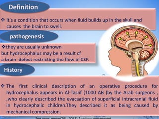  it’s a condition that occurs when fluid builds up in the skull and
causes the brain to swell.
.
 The first clinical description of an operative procedure for
hydrocephalus appears in Al-Tasrif (1000 AB )by the Arab surgeons ,
,who clearly described the evacuation of superficial intracranial fluid
in hydrocephalic children.They described it as being caused by
mechanical compression.
Definition
pathogenesis
History
they are usually unknown
but hydrocephalus may be a result of
a brain defect restricting the flow of CSF.
 