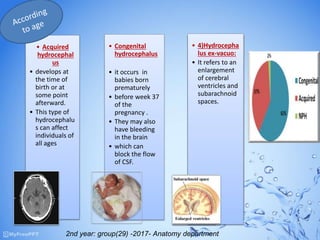 • Acquired
hydrocephal
us
• develops at
the time of
birth or at
some point
afterward.
• This type of
hydrocephalu
s can affect
individuals of
all ages
• Congenital
hydrocephalus
• it occurs in
babies born
prematurely
• before week 37
of the
pregnancy .
• They may also
have bleeding
in the brain
• which can
block the flow
of CSF.
• 4)Hydrocepha
lus ex-vacuo:
• It refers to an
enlargement
of cerebral
ventricles and
subarachnoid
spaces.
2nd year: group(29) -2017- Anatomy department
 