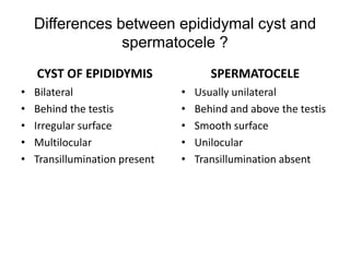 Differences between epididymal cyst and
spermatocele ?
CYST OF EPIDIDYMIS
• Bilateral
• Behind the testis
• Irregular surface
• Multilocular
• Transillumination present
SPERMATOCELE
• Usually unilateral
• Behind and above the testis
• Smooth surface
• Unilocular
• Transillumination absent
 