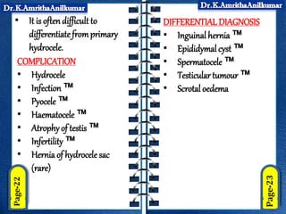 • It is often difficult to
differentiatefromprimary
hydrocele.
COMPLICATION
• Hydrocele
• Infection™
• Pyocele ™
• Haematocele™
• Atrophy of testis ™
• Infertility ™
• Hernia of hydrocele sac
(rare)
DIFFERENTIAL DIAGNOSIS
• Inguinal hernia™
• Epididymal cyst ™
• Spermatocele ™
• Testicular tumour™
• Scrotal oedema
 