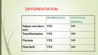 DIFFERENTIATION
Palpate cord above
mass
YES NO
Transillumination YES NO
Fluctuate YES NO
Fluid thrill YES NO
 