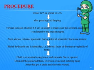 PROCEDURE
Under G/A or spinal or L/A
after painting and draping
vertical incision of about 6-8 cm in length is made over the scrotum, anteriorly
1 cm lateral to the median raphe
Skin, dartos, external spermatic fascia, internal spermatic fascia are incised
Bluish hydrocele sac is identified, i.e. parietal layer of the tunica vaginalis of
testis.
Fluid is evacuated using trocar and cannula. Sac is opened.
Drain all the collected fluid, Eversion of sac and suturing done
After that put a drain and close the wound
39
 
