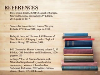 REFERENCES
1. Prof. Sriram Bhat M SRB’s Manual of Surgery.
New Delhi,Jaypee publications,5th Edition,
2017. page no 1017.
2. Somen das, A concise text book of Surgery,
Kolkata, 6th Edition,2010. page no 1180.
3. Bailey & Love, ed; Norman S Williams et al;
Short Practice of Surgery. London: Taylor &
Francis Group, 27th edition, 2018.
4. B D Chaurasia’s Human Anatomy volume 2, 5th
Edition, CBS Publishers and Distributors, 2020.
page no 260
5. Acharya YT, et al; Susruta Samhita with
Nibandha Sangraha and Nyayachandrika
commentary. Varanasi: Chaukhambha
Surbharati Prakashan, 2012 edition. Nidana
sthana, Chapter 12 , Shloka no 6 52
 
