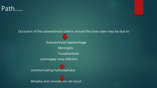 Path…..
Occlusion of the subarachnoid cisterns around the brain stem may be due to
Subarachnoid haemorrhage
Meningitis
Toxoplasmosis
cytomegaly virus infection
communicating hydrocephalus
Atrophy and convulsions can occur
 