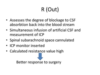 R (Out)
• Assesses the degree of blockage to CSF
absorbtion back into the blood stream
• Simultaneous infusion of artificial CSF and
measurement of ICP
• Spinal subarachnoid space cannulated
• ICP monitor inserted
• Calculated resistance value high
Better response to surgery
 