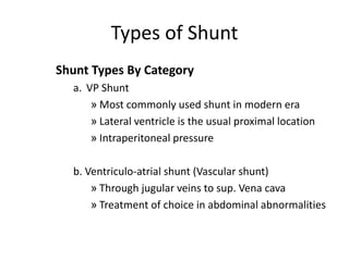 Types of Shunt
Shunt Types By Category
a. VP Shunt
» Most commonly used shunt in modern era
» Lateral ventricle is the usual proximal location
» Intraperitoneal pressure
b. Ventriculo-atrial shunt (Vascular shunt)
» Through jugular veins to sup. Vena cava
» Treatment of choice in abdominal abnormalities
 