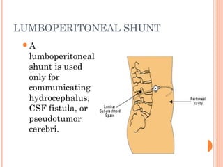 LUMBOPERITONEAL SHUNT
A
lumboperitoneal
shunt is used
only for
communicating
hydrocephalus,
CSF fistula, or
pseudotumor
cerebri.
 