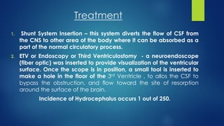 Treatment
1. Shunt System Insertion – this system diverts the flow of CSF from
the CNS to other area of the body where it can be absorbed as a
part of the normal circulatory process.
2. ETV or Endoscopy or Third Ventriculostomy - a neuroendoscope
(fiber optic) was inserted to provide visualization of the ventricular
surface. Once the scope is in position, a small tool is inserted to
make a hole in the floor of the 3rd Ventricle , to allos the CSF to
bypass the obstruction, and flow toward the site of resorption
around the surface of the brain.
Incidence of Hydrocephalus occurs 1 out of 250.
 