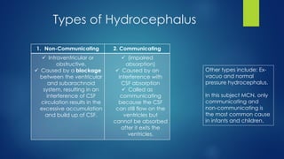 Types of Hydrocephalus
1. Non-Communicating 2. Communicating
 Intraventricular or
obstructive.
 Caused by a blockage
between the ventricular
and subarachnoid
system, resulting in an
interference of CSF
circulation results in the
excessive accumulation
and build up of CSF.
 (impaired
absorption)
 Caused by an
interference with
CSF absorption
 Called as
communicating
because the CSF
can still flow on the
ventricles but
cannot be absorbed
after it exits the
ventricles.
Other types include: Ex-
vacuo and normal
pressure hydrocephalus.
In this subject MCN, only
communicating and
non-communicating is
the most common cause
in infants and children.
 
