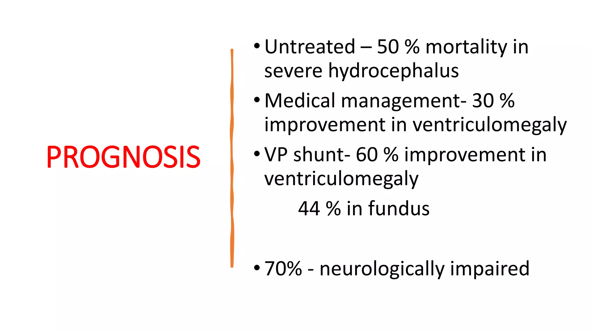 PROGNOSIS
•Untreated – 50 % mortality in
severe hydrocephalus
•Medical management- 30 %
improvement in ventriculomegaly
•VP shunt- 60 % improvement in
ventriculomegaly
44 % in fundus
•70% - neurologically impaired
 