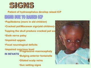 •Papilledema (more in old children)
•Cracked pot/Macewan sign(old children)-
Tapping the skull produce cracked pot sound.
•Sixth nerve palsy
•Impaired upgaze
•Focal neurological deficits
•Impaired concious level
IN INFANTS
Patient of hydrocephalus develop raised ICP
•Progressive macrocephaly
•Bulging anterior fontanelle
•Dilated scalp veins
•Sun setting signs
 