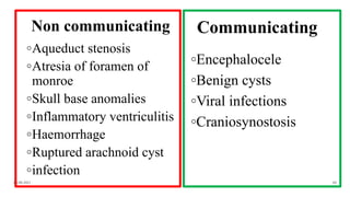 Non communicating
◦Aqueduct stenosis
◦Atresia of foramen of
monroe
◦Skull base anomalies
◦Inflammatory ventriculitis
◦Haemorrhage
◦Ruptured arachnoid cyst
◦infection
Communicating
◦Encephalocele
◦Benign cysts
◦Viral infections
◦Craniosynostosis
06-08-2021 60
 