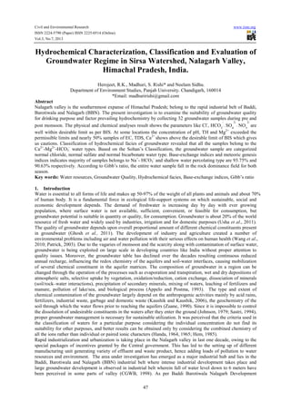 Civil and Environmental Research www.iiste.org
ISSN 2224-5790 (Paper) ISSN 2225-0514 (Online)
Vol.3, No.7, 2013
47
Hydrochemical Characterization, Classification and Evaluation of
Groundwater Regime in Sirsa Watershed, Nalagarh Valley,
Himachal Pradesh, India.
Herojeet, R.K., Madhuri, S. Rishi* and Neelam Sidhu.
Department of Environment Studies, Panjab University. Chandigarh, 160014
*Email: madhuririshi@gmail.com
Abstract
Nalagarh valley is the southernmost expanse of Himachal Pradesh; belong to the rapid industrial belt of Baddi,
Barotiwala and Nalagarh (BBN). The present investigation is to examine the suitability of groundwater quality
for drinking purpose and factor prevailing hydrochemistry by collecting 32 groundwater samples during pre and
post monsoon. The physical and chemical analyses result shows the parameters like Cl-
, HCO3
-
, SO4
2-
, NO3
2-
are
well within desirable limit as per BIS. At some locations the concentration of pH, TH and Mg2+
exceeded the
permissible limits and nearly 50% samples of EC, TDS, Ca2+
shows above the desirable limit of BIS which gives
us cautions. Classification of hydrochemical facies of groundwater revealed that all the samples belong to the
Ca2+
-Mg2+
-HCO3
-
water types. Based on the Soltan’s Classification, the groundwater sample are categorized
normal chloride, normal sulfate and normal bicarbonate water type. Base-exchange indices and meteoric genesis
indices indicates majority of samples belongs to Na+
- HCO3
-
and shallow water percolating type are 93.75% and
90.63% respectively. According to Gibb’s ratio, the entire water sample fall in the rock dominance field for both
season.
Key words: Water resources, Groundwater Quality, Hydrochemical facies, Base-exchange indices, Gibb’s ratio
1. Introduction
Water is essential to all forms of life and makes up 50-97% of the weight of all plants and animals and about 70%
of human body. It is a fundamental force in ecological life-support systems on which sustainable, social and
economic development depends. The demand of freshwater is increasing day by day with ever growing
population, where surface water is not available, sufficient, convenient, or feasible for consumption, but
groundwater potential is suitable in quantity or quality, for consumption. Groundwater is about 20% of the world
resource of fresh water and widely used by industries, irrigation and for domestic purposes (Usha et al., 2011).
The quality of groundwater depends upon overall proportional amount of different chemical constituents present
in groundwater (Ghosh et al., 2011). The development of industry and agriculture created a number of
environmental problems including air and water pollution with their serious effects on human health (Wang et al.,
2010; Patrick, 2003). Due to the vagaries of monsoon and the scarcity along with contamination of surface water,
groundwater is being exploited on large scale in developing countries like India without proper attention to
quality issues. Moreover, the groundwater table has declined over the decades resulting continuous reduced
annual recharge, influencing the redox chemistry of the aquifers and soil-water interfaces, causing mobilization
of several chemical constituent in the aquifer matrices. The composition of groundwater in a region can be
changed through the operation of the processes such as evaporation and transpiration, wet and dry depositions of
atmospheric salts, selective uptake by vegetation, oxidation/reduction, cation exchange, dissociation of minerals
(soil/rock–water interactions), precipitation of secondary minerals, mixing of waters, leaching of fertilizers and
manure, pollution of lake/sea, and biological process (Appelo and Postma, 1993). The type and extent of
chemical contamination of the groundwater largely depend on the anthropogenic activities mainly by acid rains,
fertilizers, industrial waste, garbage and domestic waste (Kaushik and Kaushik, 2006), the geochemistry of the
soil through which the water flows prior to reaching the aquifers (Zuane, 1990). Since it is impossible to control
the dissolution of undesirable constituents in the waters after they enter the ground (Johnson, 1979; Sastri, 1994),
proper groundwater management is necessary for sustainable utilization. It was perceived that the criteria used in
the classification of waters for a particular purpose considering the individual concentration do not find its
suitability for other purposes, and better results can be obtained only by considering the combined chemistry of
all the ions rather than individual or paired ionic characters (Handa, 1964, 1965; Hem, 1985).
Rapid industrialization and urbanization is taking place in the Nalagarh valley in last one decade, owing to the
special packages of incentives granted by the Central government. This has led to the setting up of different
manufacturing unit generating variety of effluent and waste product, hence adding loads of pollution to water
resources and environment. The area under investigation has emerged as a major industrial hub and lies in the
Baddi, Barotiwala and Nalagarh (BBN) industrial belt where intense industrial development takes place and
large groundwater development is observed in industrial belt wherein fall of water level down to 6 meters have
been perceived in some parts of valley (CGWB, 1998). As per Baddi Barotiwala Nalagarh Development
 