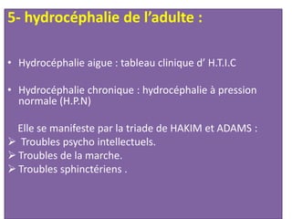 5- hydrocéphalie de l’adulte :
• Hydrocéphalie aigue : tableau clinique d’ H.T.I.C
• Hydrocéphalie chronique : hydrocéphalie à pression
normale (H.P.N)
Elle se manifeste par la triade de HAKIM et ADAMS :
 Troubles psycho intellectuels.
 Troubles de la marche.
 Troubles sphinctériens .
 