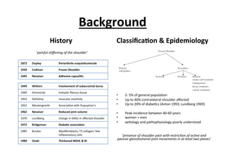 Background	
  
History	
  
	
  ‘painful	
  s*ﬀening	
  of	
  the	
  shoulder‘	
  
Classiﬁca;on	
  &	
  Epidemiology	
  
	
  
	
  	
  	
  
	
  	
  
•  2-­‐	
  5%	
  of	
  general	
  popula.on	
  	
  
•  Up	
  to	
  40%	
  contralateral	
  shoulder	
  aﬀected	
  
•  Up	
  to	
  20%	
  of	
  diabe.cs	
  (Anton	
  1993;	
  Lundberg	
  1969)	
  
•  Peak	
  incidence	
  between	
  40-­‐60	
  years	
  
•  women	
  >	
  men	
  
•  ae.ology	
  and	
  pathophysiology	
  poorly	
  understood	
  
	
  
‘presence	
  of	
  shoulder	
  pain	
  with	
  restric*on	
  of	
  ac*ve	
  and	
  
passive	
  glenohumeral	
  joint	
  movements	
  in	
  at	
  least	
  two	
  planes’	
  
1872	
   Duplay	
   Periarthrite	
  scapulohumerale	
  
1934	
   Codman	
   Frozen	
  Shoulder	
  
1945	
   Nevaiser	
  	
   Adhesive	
  capsuli;s	
  
1949	
   Withers	
   Involvement	
  of	
  subacromial	
  bursa	
  	
  
1949	
   Simmonds	
   Inelas.c	
  ﬁbrous	
  .ssue	
  	
  
1952	
   DePalma	
   muscular	
  inac.vity	
  
1952	
   Meulengracht	
   Associa.on	
  with	
  Dupuytren’s	
  
1962	
  	
   Nevaiser	
  	
   Reduced	
  joint	
  volume	
  
1970	
   Lundberg	
   change	
  in	
  GAGs	
  in	
  aﬀected	
  shoulder	
  	
  
1972	
   Bridgeman	
  	
   Diabe;c	
  associa;on	
  
1985	
   Bunker	
   Myoﬁbroblasts,	
  T3	
  collagen,	
  few	
  
inﬂammatory	
  cells	
  
1989	
   Ozaki	
   Thickened	
  MGHL	
  &	
  RI	
  
 