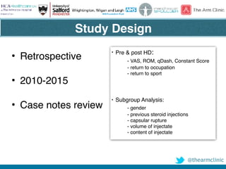 @thearmclinic
• Retrospective
• 2010-2015
• Case notes review
• Pre & post HD:
- VAS, ROM, qDash, Constant Score
- return to occupation
- return to sport
• Subgroup Analysis:
- gender
- previous steroid injections
- capsular rupture
- volume of injectate
- content of injectate
Study Design
 