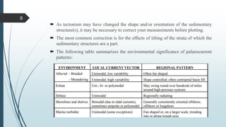 As tectonism may have changed the shape and/or orientation of the sedimentary
structure(s), it may be necessary to correct your measurements before plotting.
 The most common correction is for the effects of tilting of the strata of which the
sedimentary structures are a part.
 The following table summarizes the environmental significance of palaeocurrent
patterns:
8
 