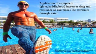 Application of equipment
(glove/paddle/boot) increases drag and
resistance as you moves the extremity
through water.
Stephan BetterBodyz van Breenen
Aquatic Fitness Therapy Training
 