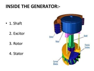 INSIDE THE GENERATOR:-
• 1. Shaft
2. Excitor
3. Rotor
4. Stator
 