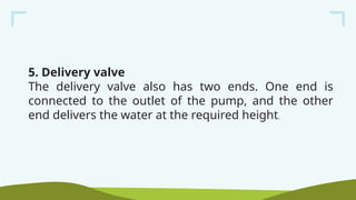 5. Delivery valve
The delivery valve also has two ends. One end is
connected to the outlet of the pump, and the other
end delivers the water at the required height.
 