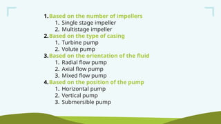 1.Based on the number of impellers
1. Single stage impeller
2. Multistage impeller
2.Based on the type of casing
1. Turbine pump
2. Volute pump
3.Based on the orientation of the fluid
1. Radial flow pump
2. Axial flow pump
3. Mixed flow pump
4.Based on the position of the pump
1. Horizontal pump
2. Vertical pump
3. Submersible pump
 
