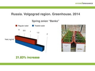 salts in soil
Russia. Volgograd region. Greenhouse. 2014
Spring onion “Banko”
Regular water Treated water
21.83% increase
 