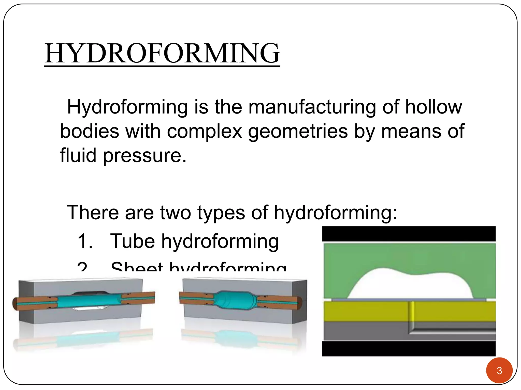HYDROFORMING
 Hydroforming is the manufacturing of hollow
bodies with complex geometries by means of
fluid pressure.

 There are two types of hydroforming:
  1. Tube hydroforming
  2. Sheet hydroforming



                                               3
 