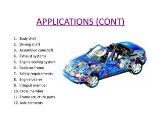 APPLICATIONS (CONT)
1. Body shell
2. Driving shaft
3. Assembled camshaft
4. Exhaust systems
5. Engine cooling system
6. Radiator frame
7. Safety requirements
8. Engine bearer
9. Integral member
10. Cross member
11. Frame structure parts
12. Axle elements

 