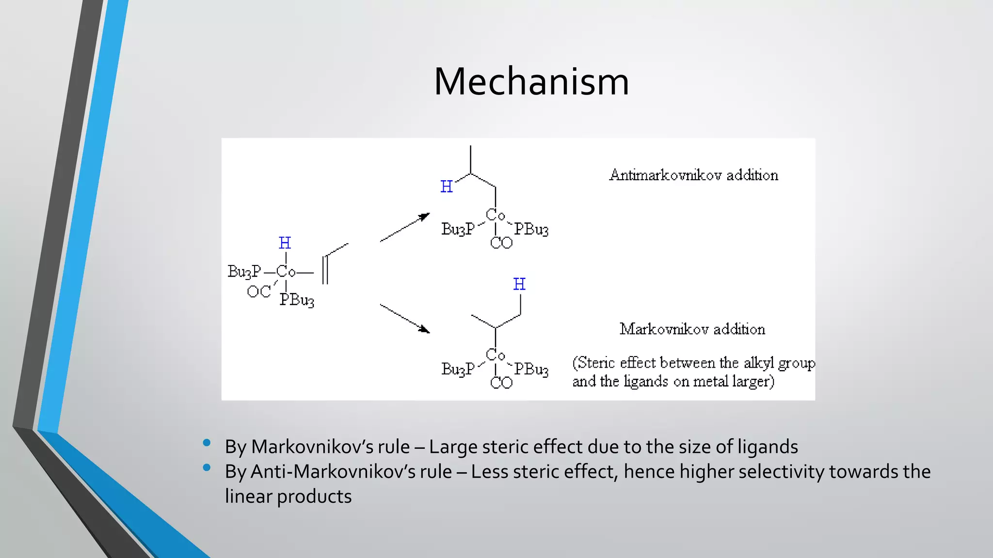 Mechanism
• By Markovnikov’s rule – Large steric effect due to the size of ligands
• By Anti-Markovnikov’s rule – Less steric effect, hence higher selectivity towards the
linear products
 