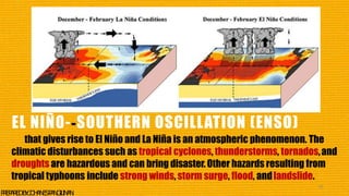 EL NIÑO--SOUTHERN OSCILLATION (ENSO)
that gives rise to El Niño and La Niña is an atmospheric phenomenon. The
climatic disturbances such as tropical cyclones, thunderstorms, tornados,and
droughts are hazardous and can bring disaster.Other hazards resulting from
tropical typhoons include strong winds, storm surge, flood, andlandslide.
16
P
R
E
P
A
R
E
DB
Y
:J
O
H
A
N
E
SP
A
N
G
I
L
I
N
A
N
 
