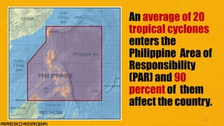 An average of 20
tropical cyclones
enters the
Philippine Area of
Responsibility
(PAR) and 90
percent of them
affect the country.
20
P
R
E
P
A
R
E
DB
Y
:J
O
H
A
N
E
SP
A
N
G
I
L
I
N
A
N
 