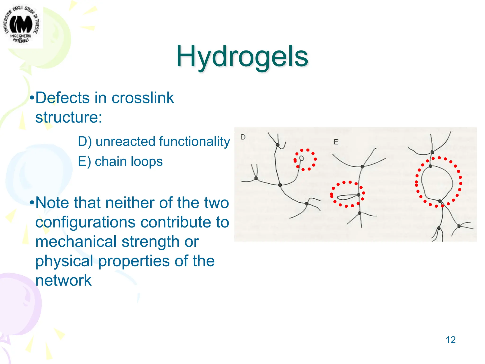 12
Hydrogels
•Defects in crosslink
structure:
D) unreacted functionality
E) chain loops
•Note that neither of the two
configurations contribute to
mechanical strength or
physical properties of the
network
 